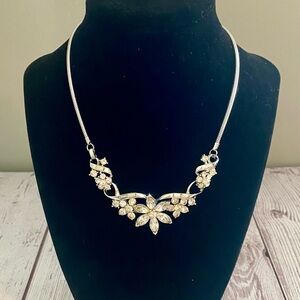 Signed Coro Pegasus Silvertone Floral Rhinestone Necklace